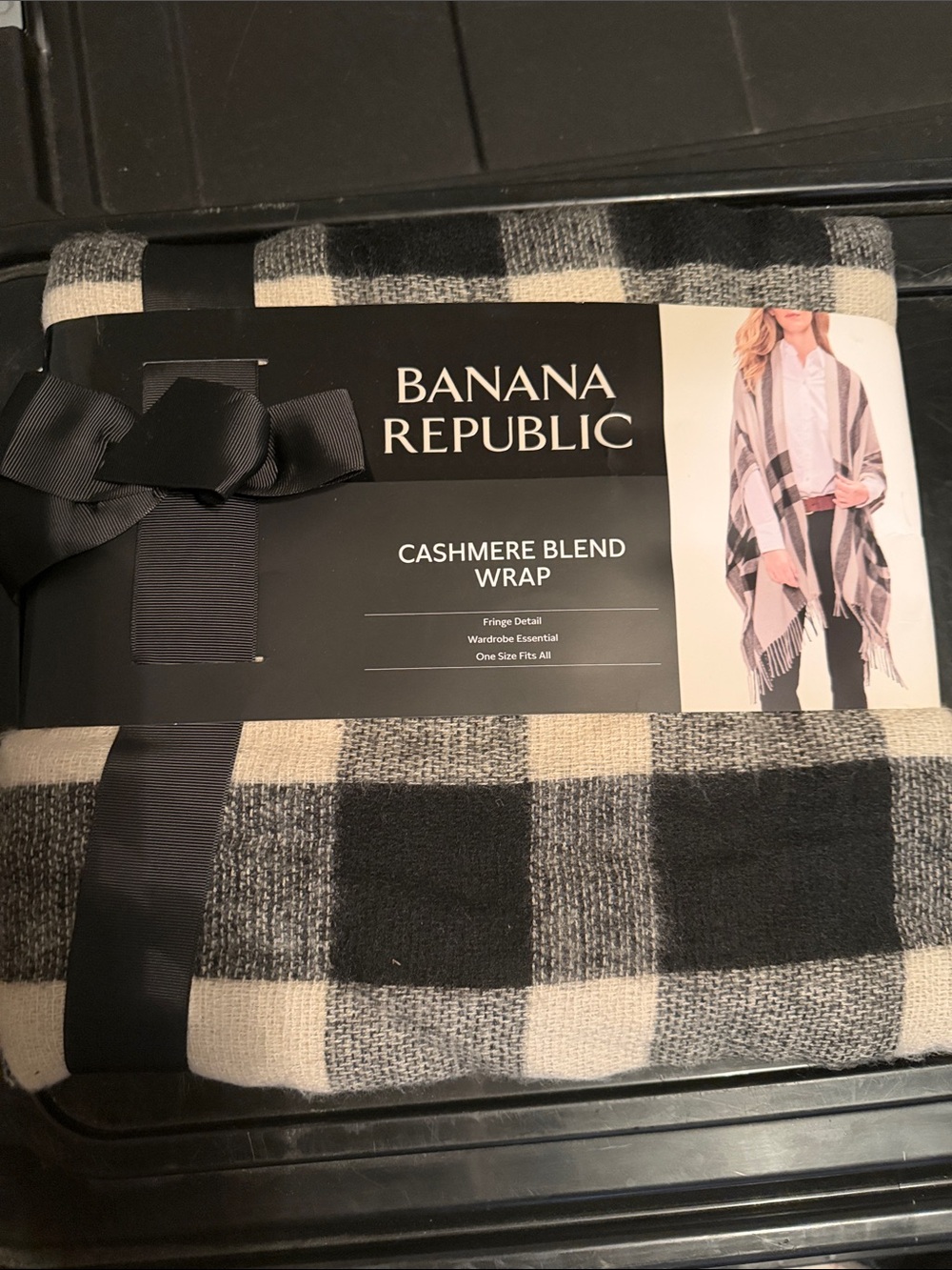 Banana Republic Black and Cream Plaid Cashmere-Blend Wrap